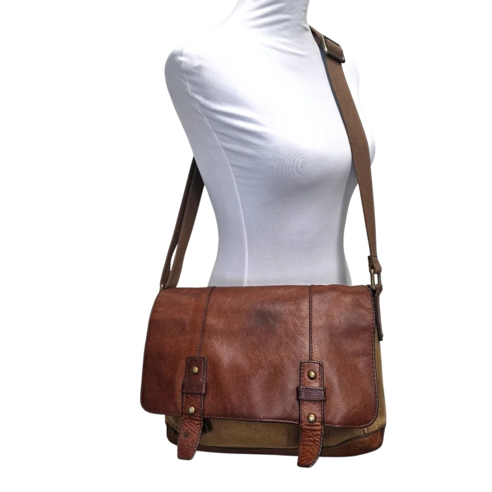 Fossil Brown Leather and Tan Canvas Messenger Bag